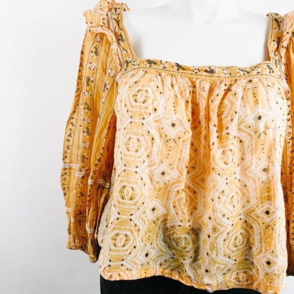 Free People Mix Print Yellow Blouse L - Picture 4 of 7